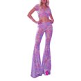 thumbnail image 1 of Women Pink Flare Pants Set Tulle V-Neck Crop Top + High Waist Wide Leg Flared Pant Y2k Streetwear, 1 of 6
