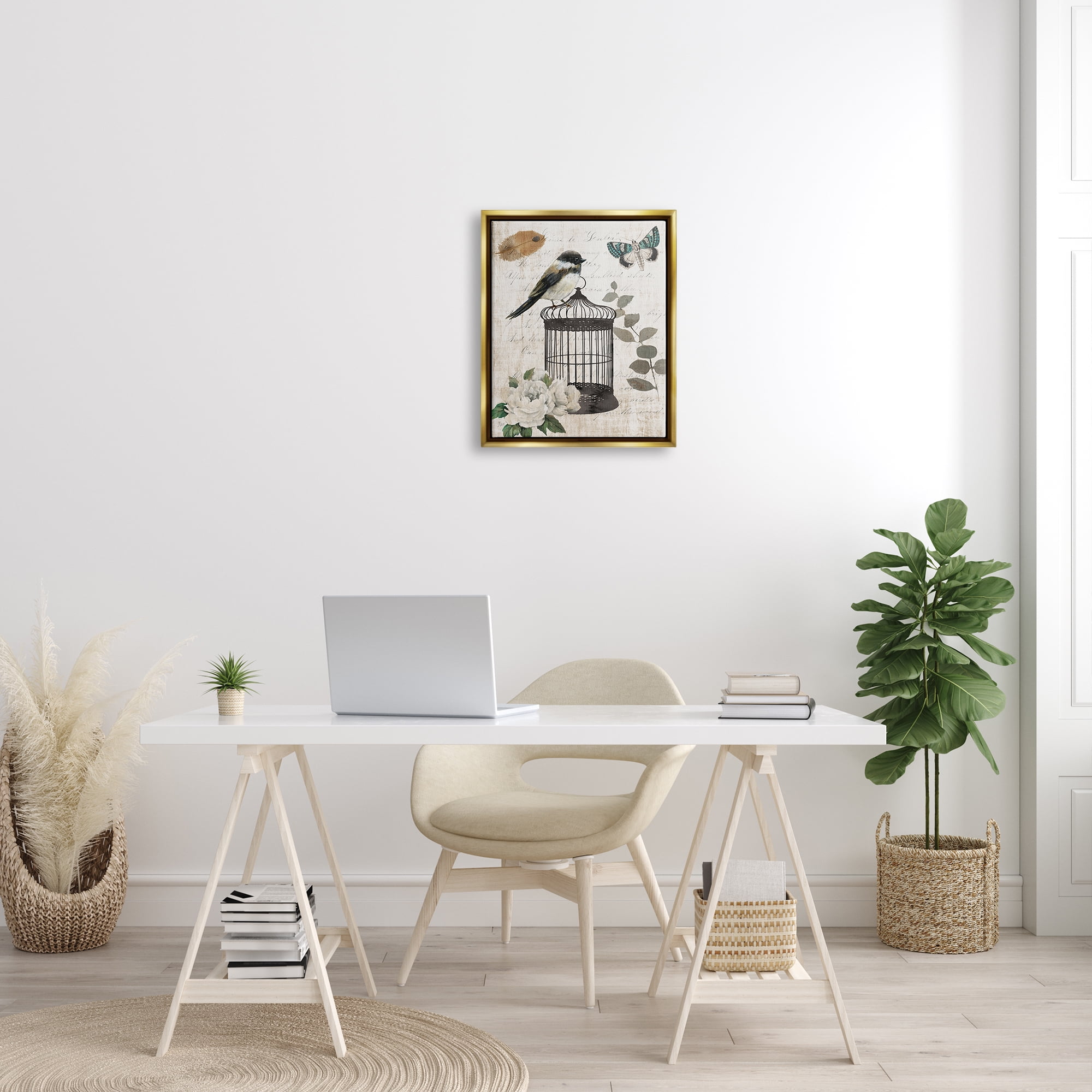 Stupell Industries Vintage Bird Cage Butterfly Floral Script Words Graphic Art Metallic Gold Floating Framed Canvas Print Wall Art, Design by Nan