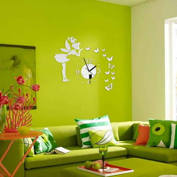 DIY 3D Mariposas Hada Chica Etiqueta de la pared Espejo Relojes de pared Oficina Decoración del hogar Inevent JJ6535-00