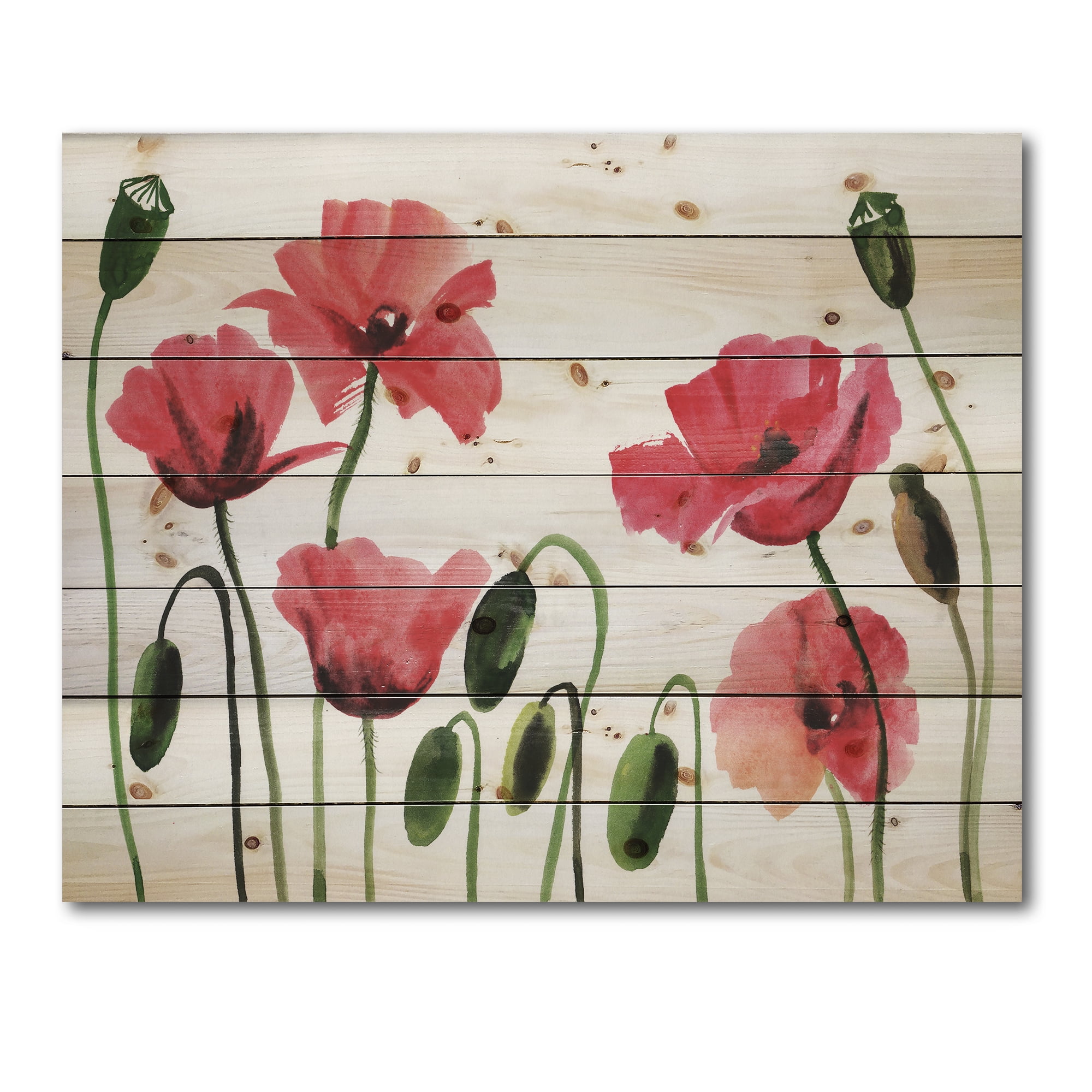Designart 'Ancient Red Blooming Poppies' Traditional Print on Natural Pine Wood