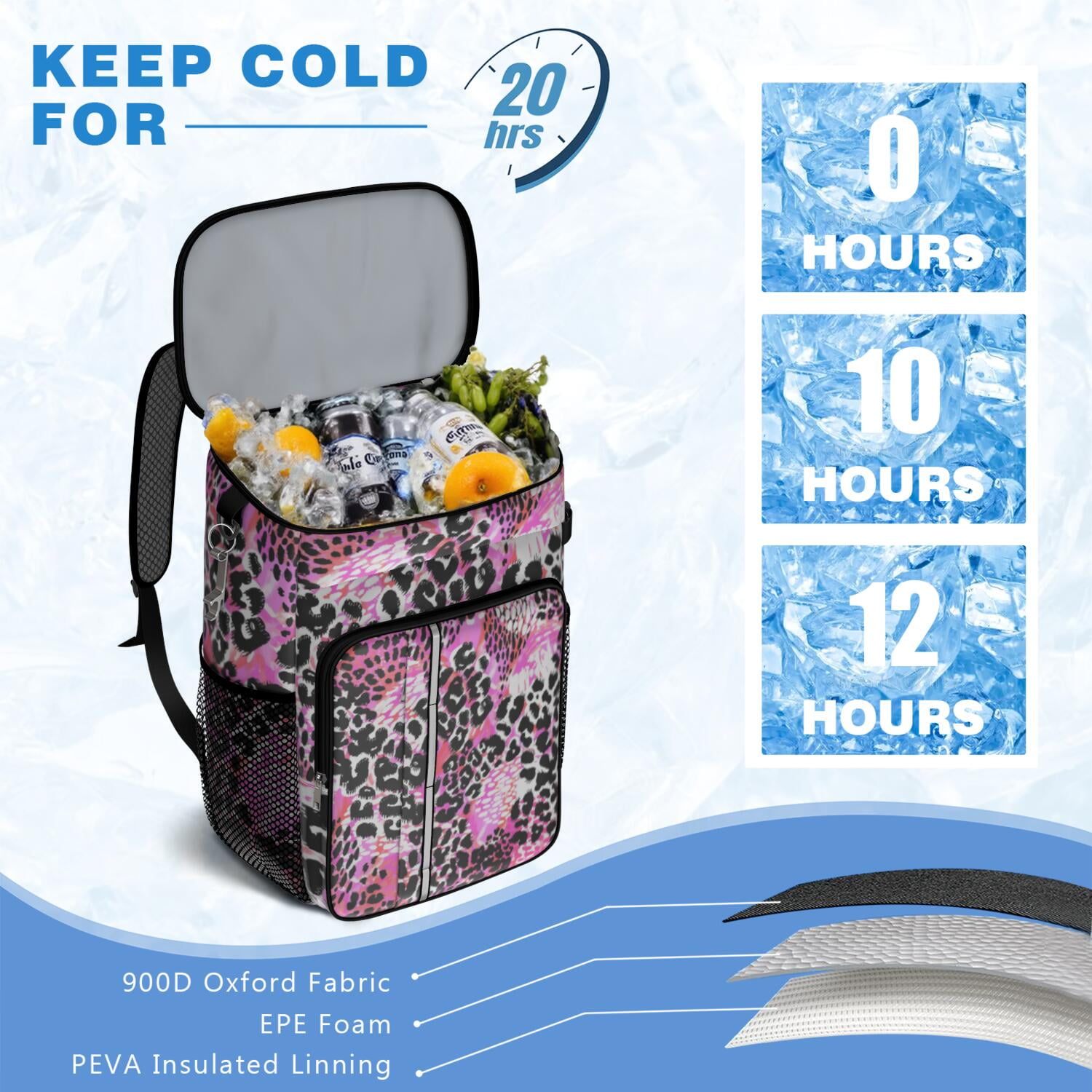 Travel Cooler Bag - Pink Leopard Pattern Camping Beer Cooler Backpack with Bottle Opener- Waterproof Insulated Picnic Backpacks - Cooler Bag for Beach