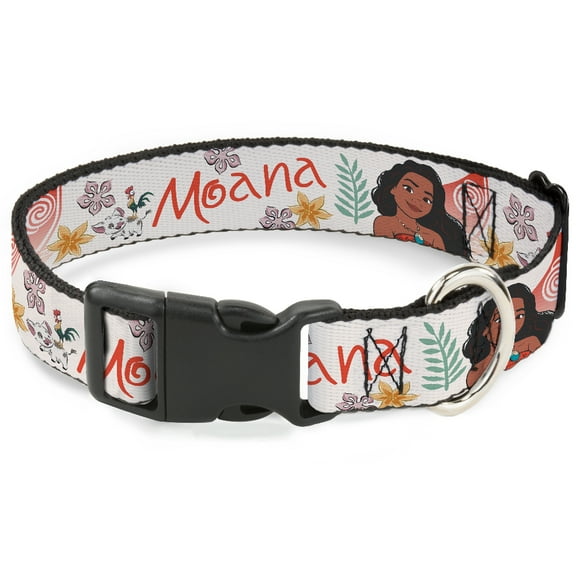 Disney Pet Collar, Dog Collar Plastic Buckle, Moana with Pua and Hei Hei Sail Pose with Script Beige Orange, 7 to 8.5 Inches 0.5 Inch Wide