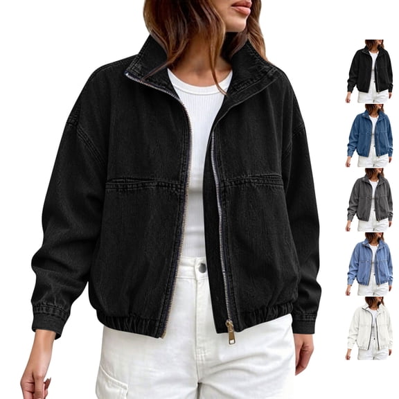 TGSLY Denim Bomber Jacket for Women Lightweight Collared Full Zip Long Sleeve Jean Coat Loose Casual Elastic Hem Solid Color Fall Outerwear with Pockets XL