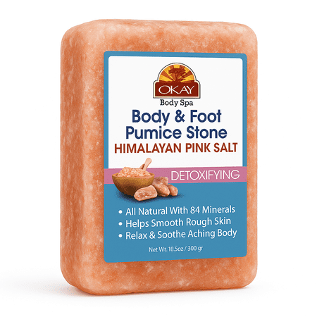 OKAY Himalayan Pink Salt Body & Foot Pumice Stone, Detoxifying Exfoliating Scrub, Smooths Rough Skin & Calluses, Soothes Feet, All Natural 84 Minerals, Paraben Free, 10.5 oz / 300 g