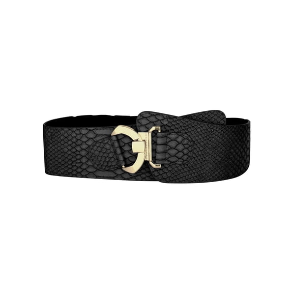 INSPIRE CHIC Women Snake Print Elastic Stretchy Slanted Wide Faux Leather Waist Belt Black