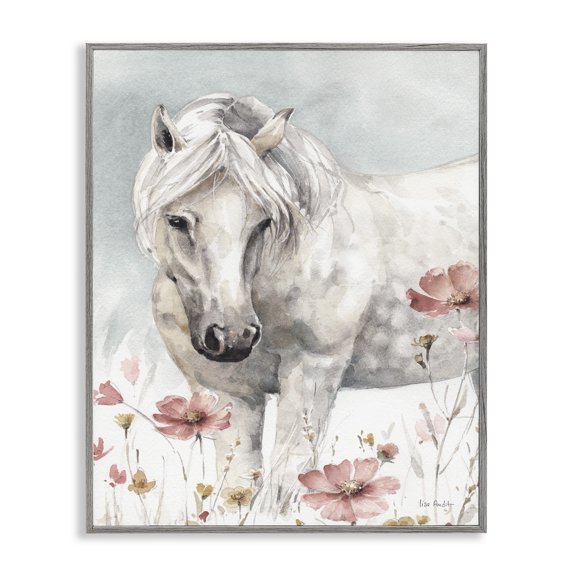 Stupell Industries Horse with Pink Flowers Animals & Insects Painting Gray Framed Art Print Wall Art, 24 x 30