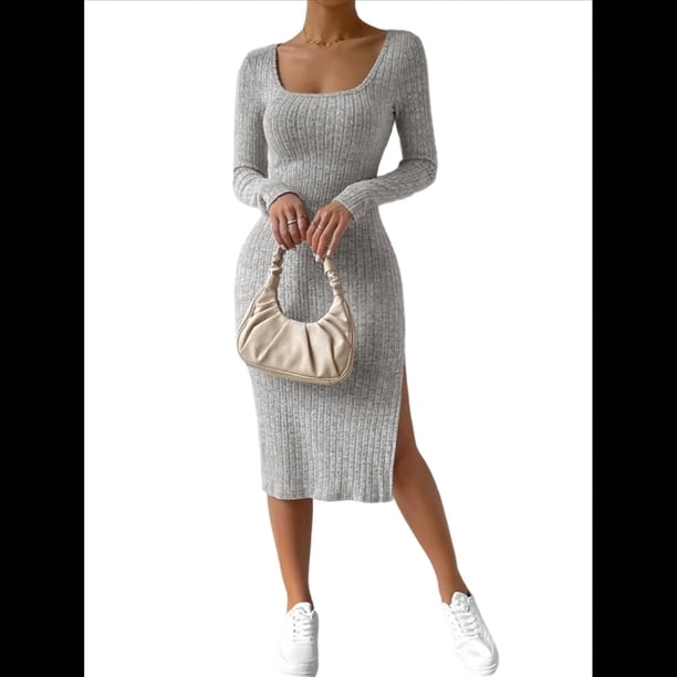 Vestido de Otoño para Mujer, Larga, Cuello Cuadrado, Tejido, Midi, para Playa, Resort, con Abertura, Maxivestido Ajustado. Gris L