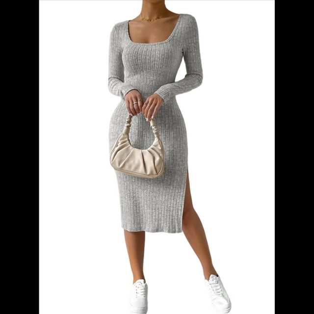 Vestido de Otoño para Mujer, Larga, Cuello Cuadrado, Tejido, Midi, para Playa, Resort, con Abertura, Maxivestido Ajustado. Gris XXL