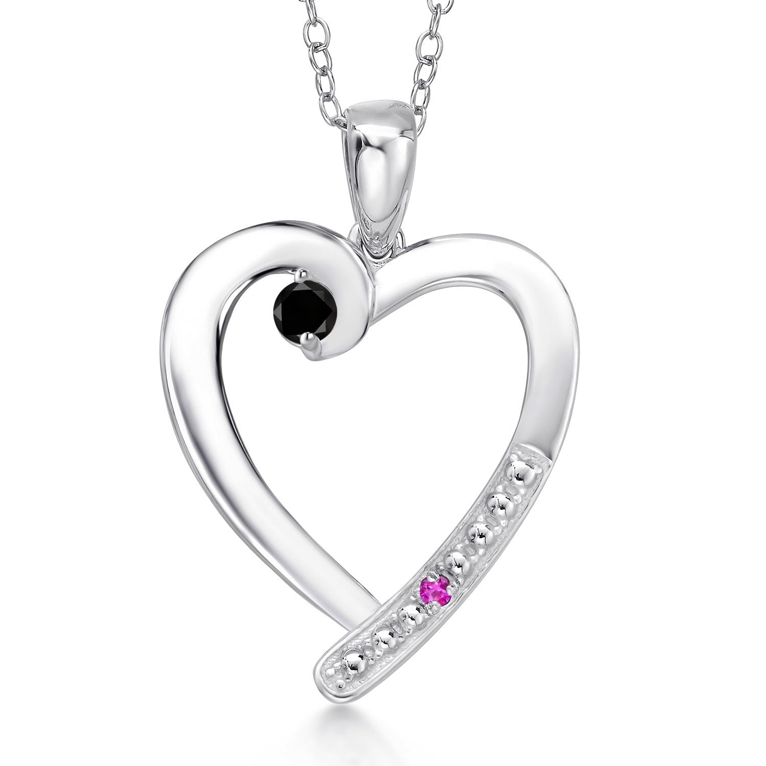 Gem Stone King 925 Sterling Silver Black Diamond and Pink Sapphire Heart Pendant Necklace for Women | 0.19 Cttw | Gemstone April Birthstone | Round 3.5MM | With 18 inch Chain