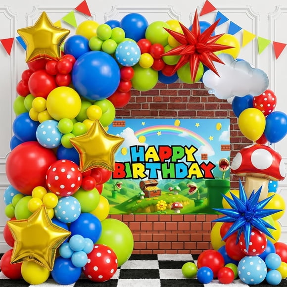 Super Bros Themed Adventure Party Decorations Kit Red Blue Green Yellow Balloons Cloud Star Mushroom Foil Set Matching Banner Happy Birthday Backdrop for Kids & Gamers Celebration Supplies