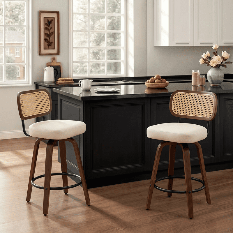 EHANCIS 26" Swivel Counter Height Bar Stools Set of 2, Boho Cane Rattan Back Chairs with Beige PU Leather Upholstered Seat & Walnut Wood for Kitchen Island
