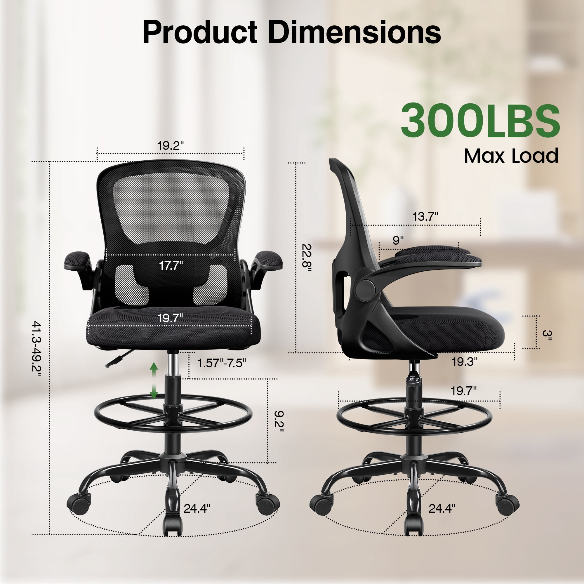 ATHOPE Office Chair Ergonomic Desk Chairs, Mesh Computer Chair with Flip-up Armrests, Adjustable Home Office Desk Chair with Lumbar Support Footrest Ring for Standing Desk, Black