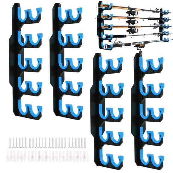2 Pairs Fishing Rod Holder Wall & Ceiling Mount, Holds Up to 10 Rods, Horizontal Storage Rack with Silicone Pads for Garage & Boathouse, Blue