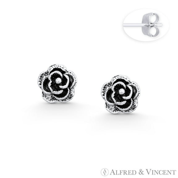 Rose Flower Charm 3D Stud Earrings in Oxidized .925 Sterling Silver