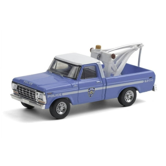 New York City Police Department 1979 Ford  F-250 Tow Truck with Drop-In Tow Hook, Blue and White - Greenlight 30224/48 - 1/64 scale Diecast Model Toy Car