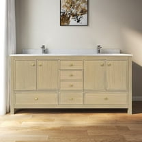 MEDUNJESS 72" Modern Double Sinks Bath Vanity Cabinet in Oak with Calacatta Marble Countertop & Faucet Hole