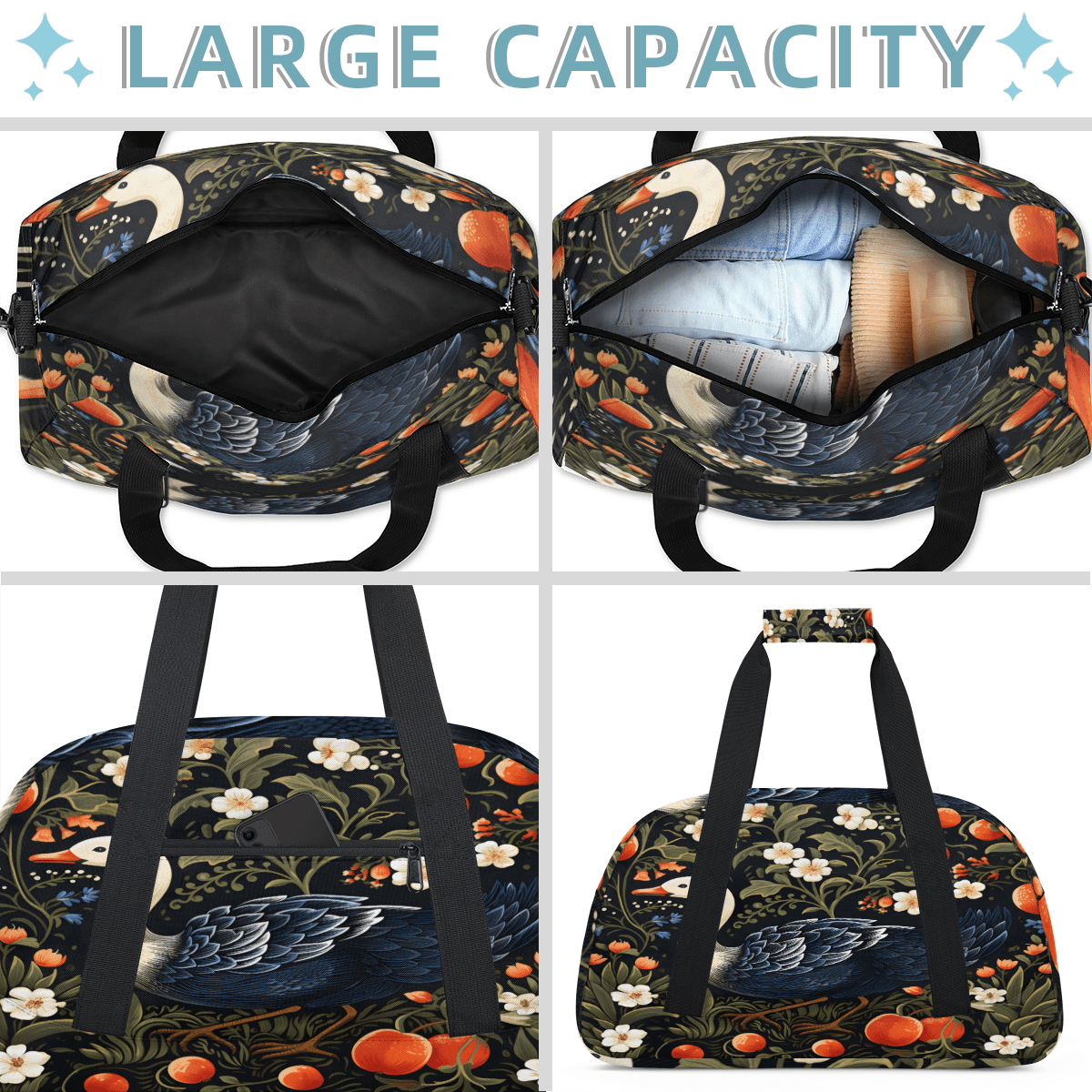 Herdesigns Farmhouse Floral Birds Sports Duffle Bag for Women & Men, Vintage Flower Leaf Plant Gym Bag Dance Bag Overnight Bag Carry On Weekender Travel Bag