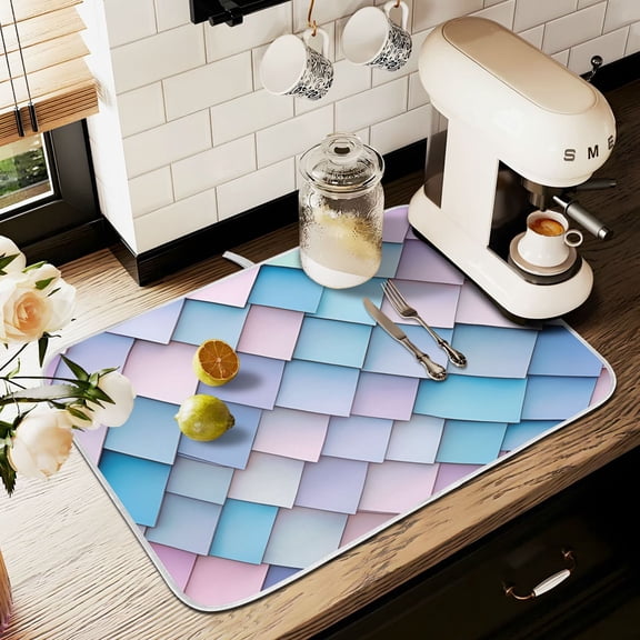 Yayeee Dish Drying Mat for Kitchen Counter 16" x 18" Microfiber Super Absorbent Coffee Decorative Pad, Purple Art Pattern