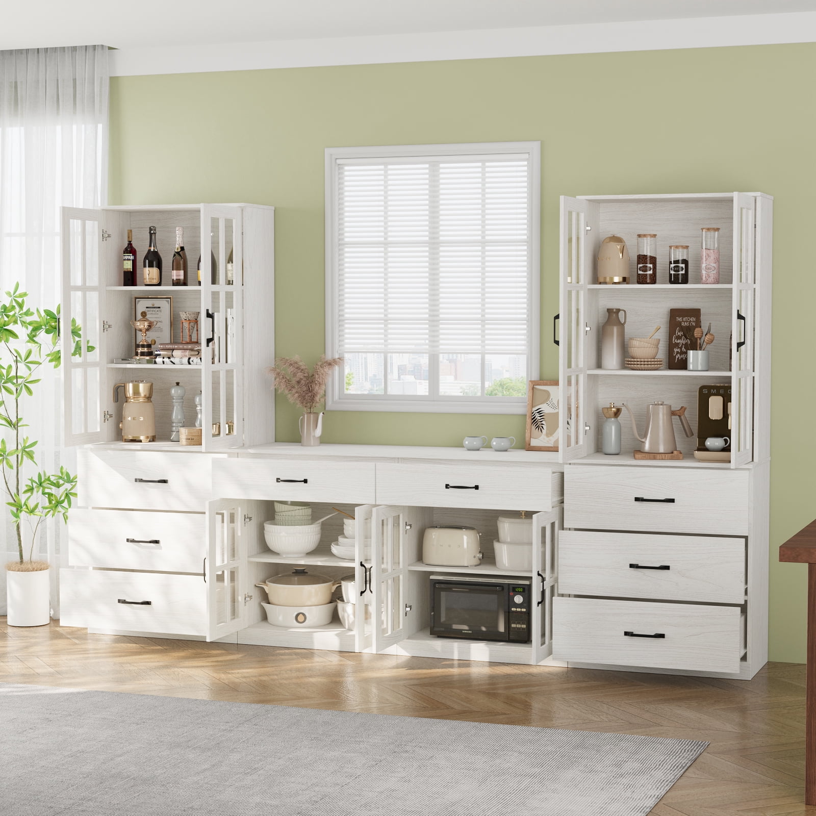 RichYa Kitchen Pantry Cabinet Set of 4,94" W Buffet Sideboard Coffee Bar with Glass Door Hutch,Modular Storage Cabinets with Shelves & Drawers for Dining Room,White(DEED)