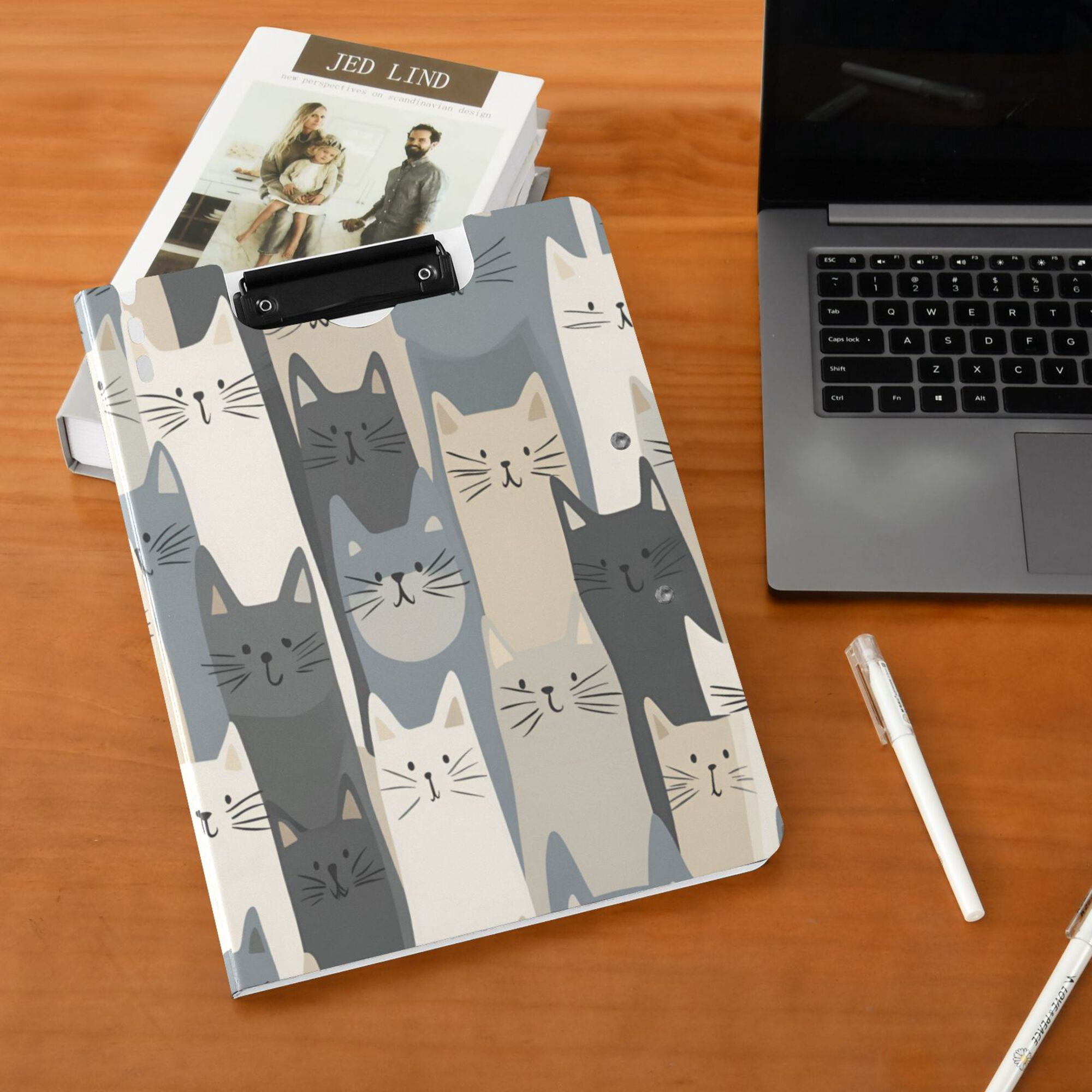 FORMRS A4 Clipboard Folder with Pen Holder Horizontal Foldable School Office Binder, Blue Cute Cats