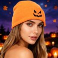 thumbnail image 2 of CUZIBR Women Knitted Beanie Hat Halloween Pumpkin Face Pattern Soft Stretchy Thermal Fall Winter Hat Holiday Party Cosplay Headwear For Adults, 2 of 4