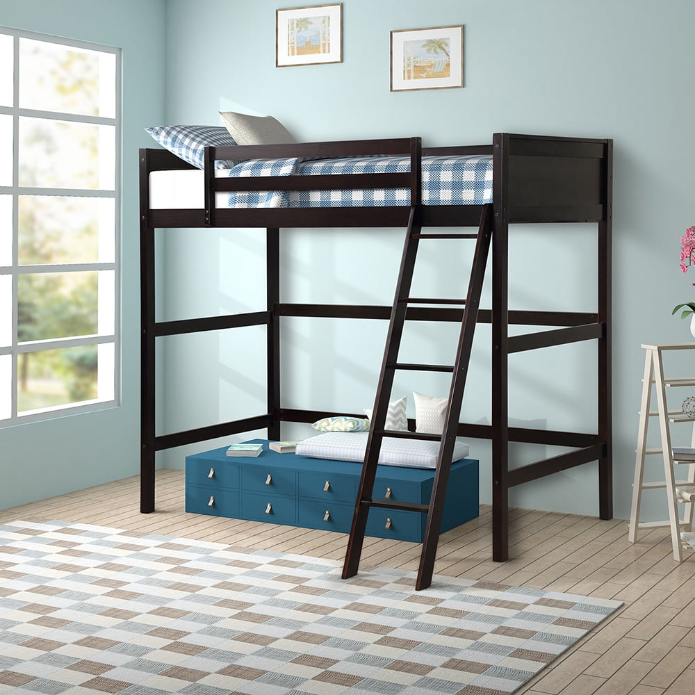 Private Jungle Twin Size Loft Bed with Ladder and Guard for Teens Bedroom, Espresso