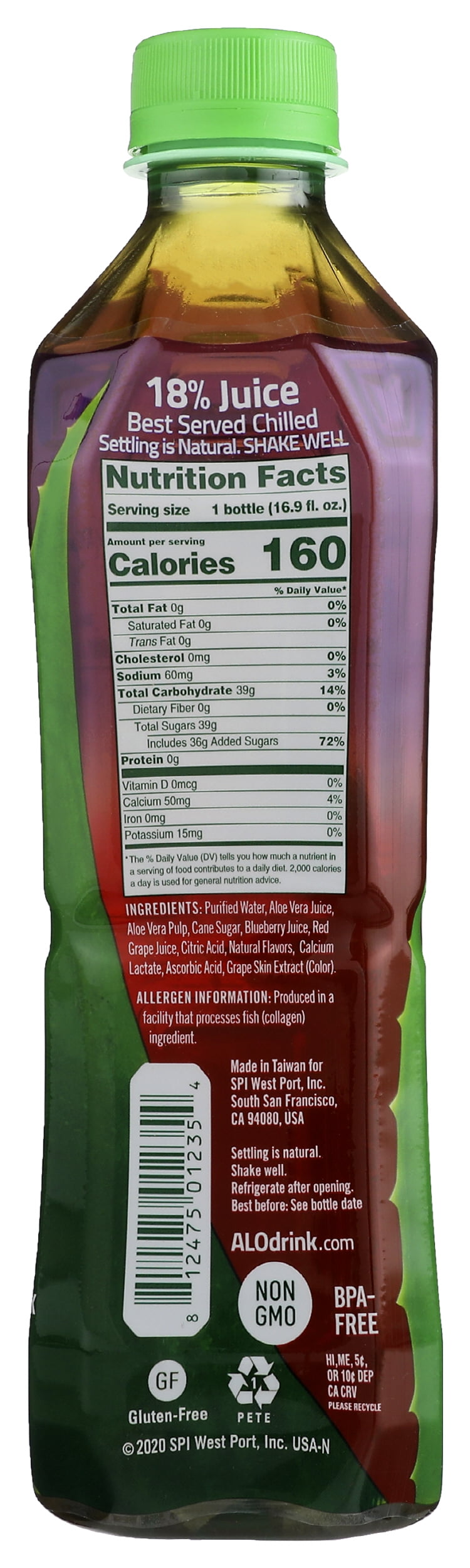 (Pack of 6) Alo Blue Aloe Vera Juice Drink with Blueberry, 16.9 fl oz