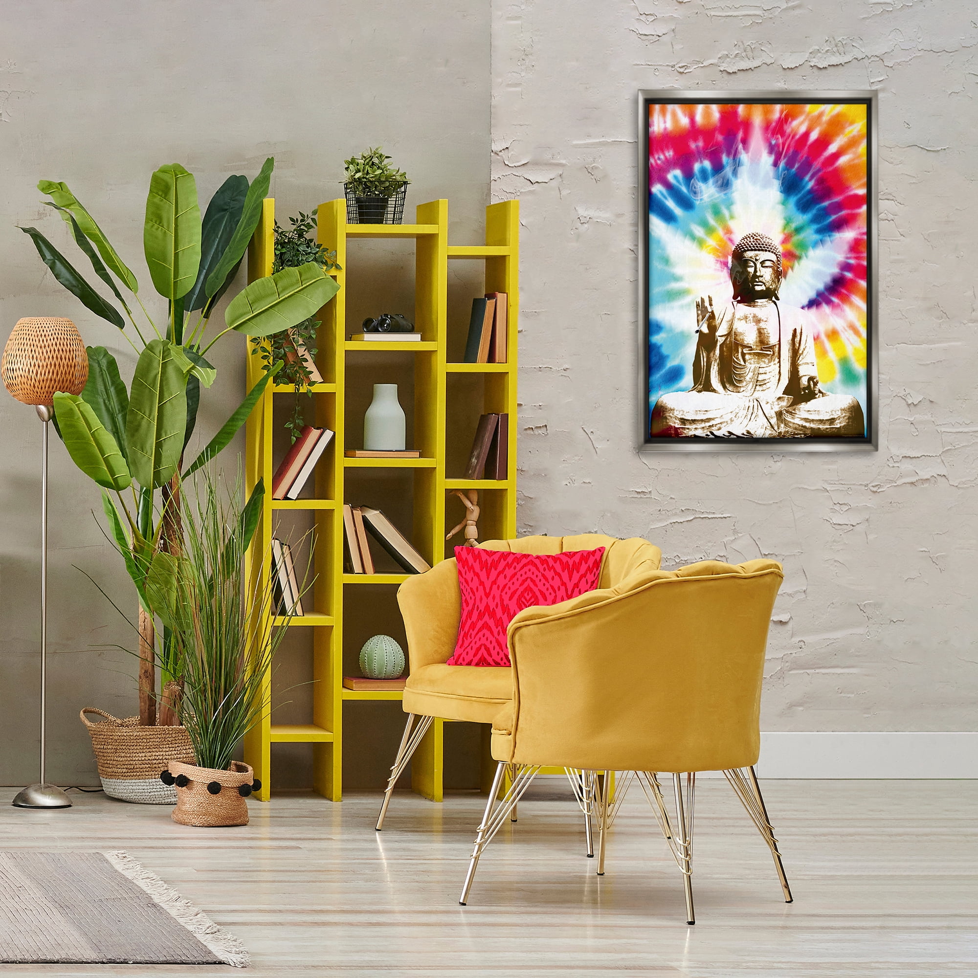 Stupell Industries Hippie Tie Dye Buddha Novelty & Humor Painting Gray Floater Framed Canvas Art Print Wall Art, 21 x 31