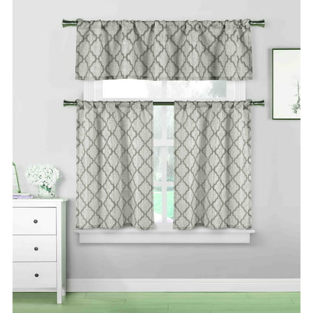 3 piece Cafe Tiers Kitchen Window Curtain Set: Moroccan Trellis Design, One Valance, Two Tiers (Gray and