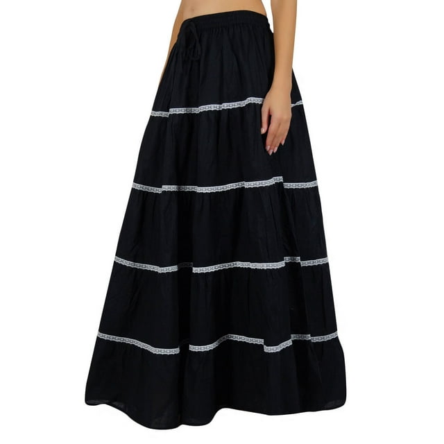 Bimba Jupe Longue Évasée en Coton pour Femmes Boho Maxi Bas Taille Élastique Vêtements