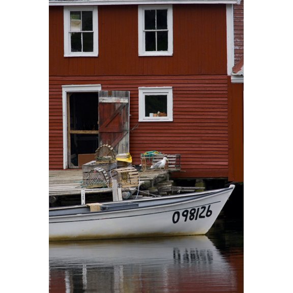 Fishing Boat In Front Of A Red Shed Salvage Newfoundland And Labrador Canvas Art - John Sylvester Design Pics (22 x 34)