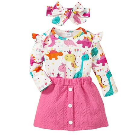 

QBGSAY Kids Outfits Sets Toddler Girls Long Sleeve Cartoon Dinosaur Prints Tops Skirt Headbands Three Piece Set Solid Color Outfits Set For Boys Girls
