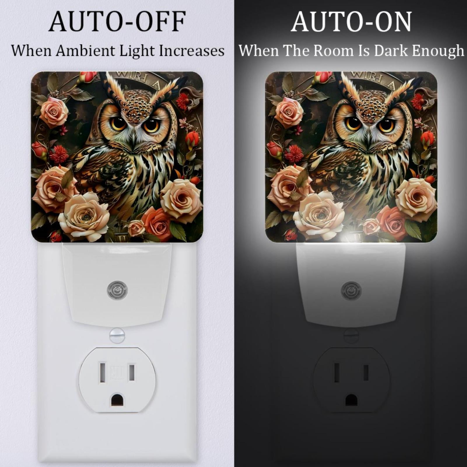 PhooArto Vintage Owl Flowers Plug in LED Night Light Auto Sensor Dusk to Dawn Decorative Night for Bedroom, Bathroom, Kitchen, Hallway, Stairs, Baby's Room, Energy Saving