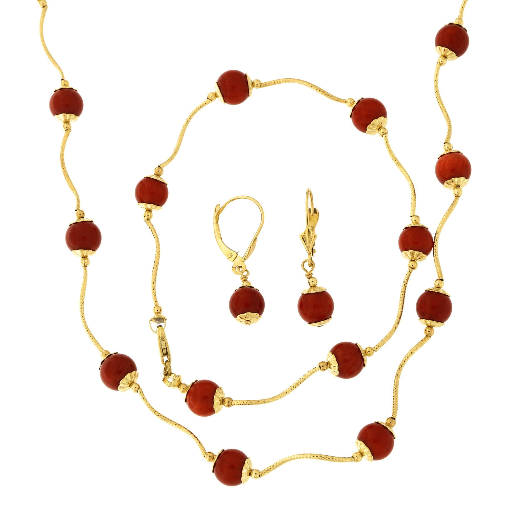 14k Yellow Gold Diamond Cut Capped Simulated Dark Coral Station Necklace, Earrings and Bracelet Set by
