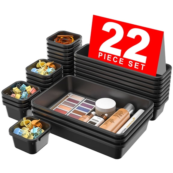Set Of 22 Desk Drawer Organizer 3 Different Size Tray Black Drawer Dividers Storage For Office Supplies Makeup Bathroom