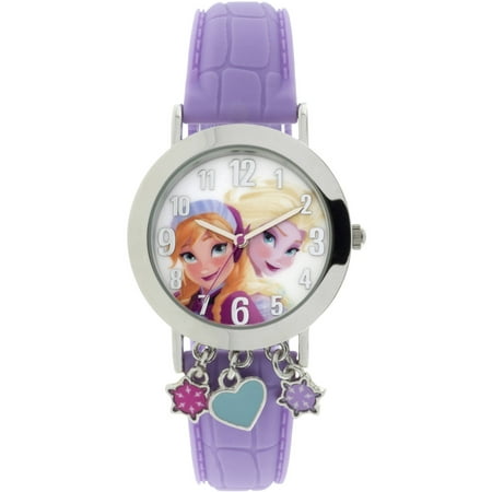 Frozen Silver Case with Dangling Charms Character-Printed Dial Analog Watch, Pink Strap