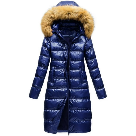 Chrisuno Women's Long Winter Casual Jacket Puffer Coat With Removable Hood Navy S