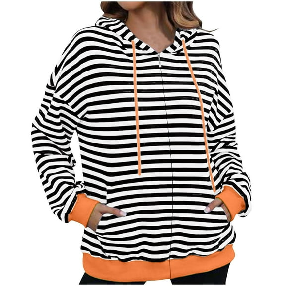 Ashirexll Hoodies for Women Fall Casual Loose Striped Printed Long Sleeve Zip Up Drawstrings Hoodie Lightweight Jacket with Pockets Black L