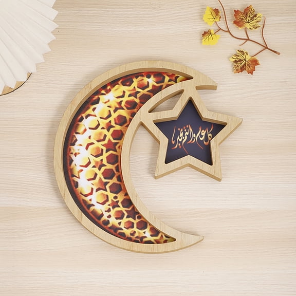 2026 Ramadan Kareem Eid Tray Wooden Moon and Star Serving Tray Gold Blue Mubarak Pastry Fruit Dessert Plate for Islamic Gifts Muslim Home Party Supplies