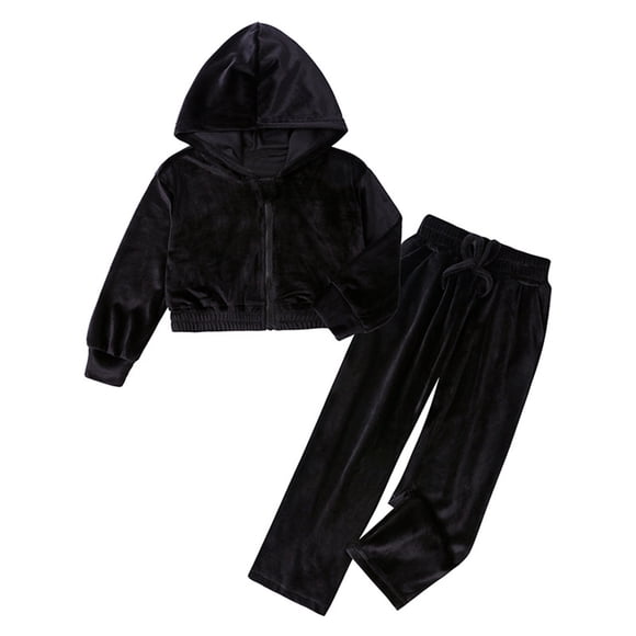 HXWCHs Girls Velvet Hooded Tracksuit Warm Jogger Outfit Soft Casual Two Piece Set With Pants for Daily Wear 11-12 Years Black