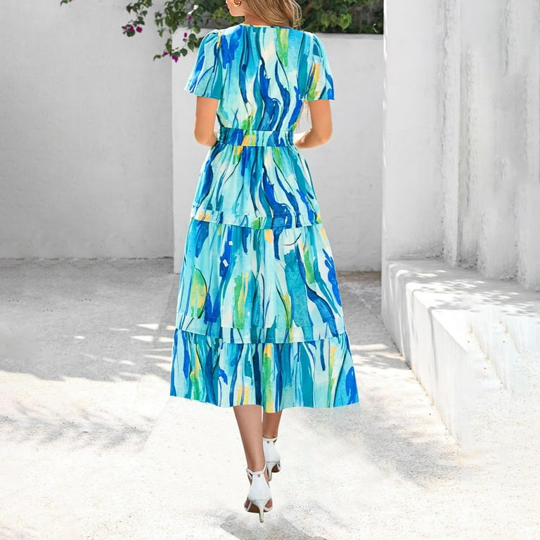 RYDCOT Women's 2025 Summer Floral Midi Dress Cap Sleeve V Neck Ruffle Long  Boho Casual Beach Vacation Dresses Dresses for Women Wedding Guest  Flash&nbsp;Deals Sky Blue - Walmart.com