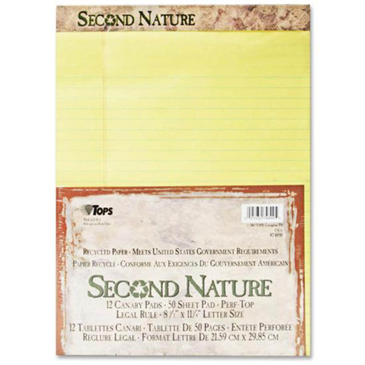 TOPS Second Nature Ruled Canary Writing Pads - 50 Sheets - 0.34" Ruled - Red Margin - 15 lb Basis Weight - 8 1by2" x 11