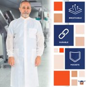 White Disposable Lab Coats, 40 GSM SMS with 3 Pockets, 100 Count, Medium