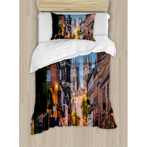 Gothic Duvet Cover Set Twin Size, York Minster View in Evening Cityscape Historical Landmark Street in the England, Decorative 2 Piece Bedding Set with 1 Pillow Sham, Multicolor, by Ambesonne