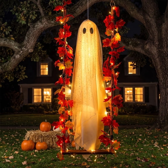 Swinging Ghost Decoration for Outdoor, 4.4ft Hanging Halloween Ghost Decoration with Remote Control, LED Lights, Timer for Front Porch Yard Tree