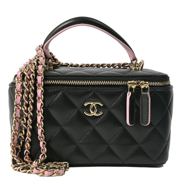 Pre-Owned Chanel Vanity Chain Shoulder Bag Black|Pink Women's Leather Bicolor Matelasse CHANEL