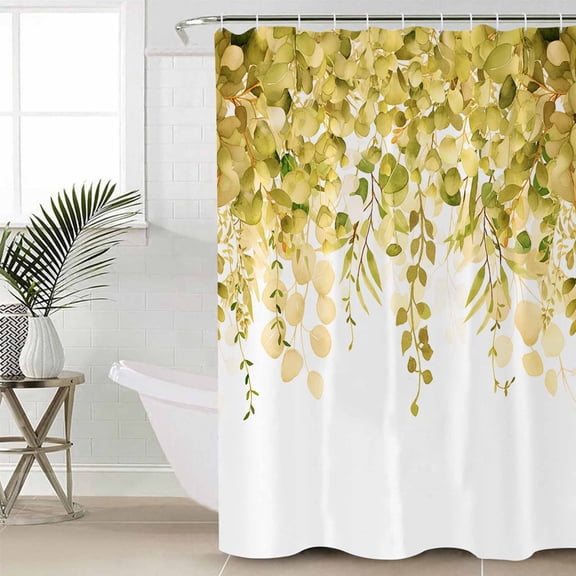 Yellow Eucalyptus Leaves Bathroom Curtain 72 Inch Shower Curtain with Hooks, Spring Floral Summer Botanical Waterproof Polyester Bath Curtain Washable Bathtub Curtain 60''x 72''