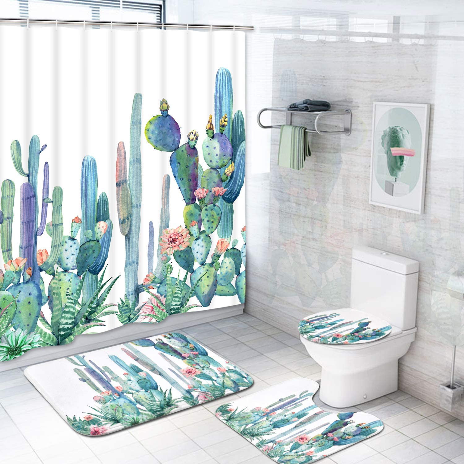 Cactus Flower Waterproof Shower Curtain Bathroom Toilet Seat Cover Lid Bath Mat 
