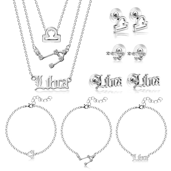 Grobro7 Libra Alloy Jewellery Necklace Bracelet Earring Set Favour Gift for Mom and Girlfriend, Silver,9pack