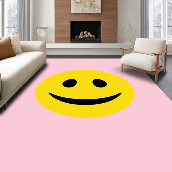 ODIKA 4'x6' Machine Washable Non-Slip Area Rug, Cheerful Bath Modern Smiley Face Design High Traffic Rug, Pink, 371803